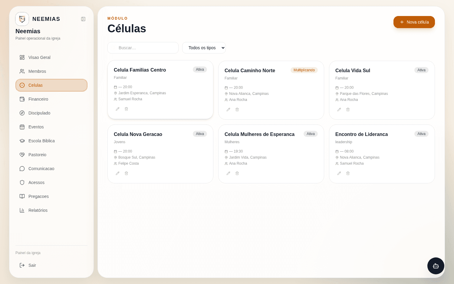 Módulo de células do Neemias com cards por grupo, líder e endereço